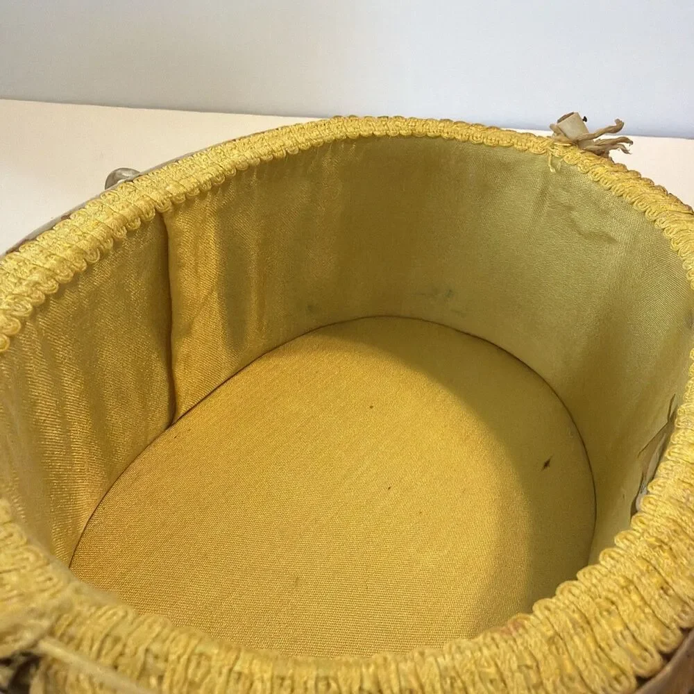 Dritz Sewing Basket Oval Woven Wicker Scovill Yellow Interior w Handle Vintage